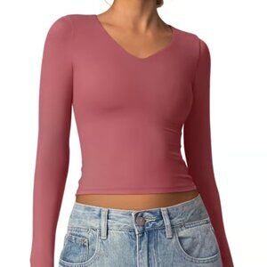 Women double lined v neck long sleeve top